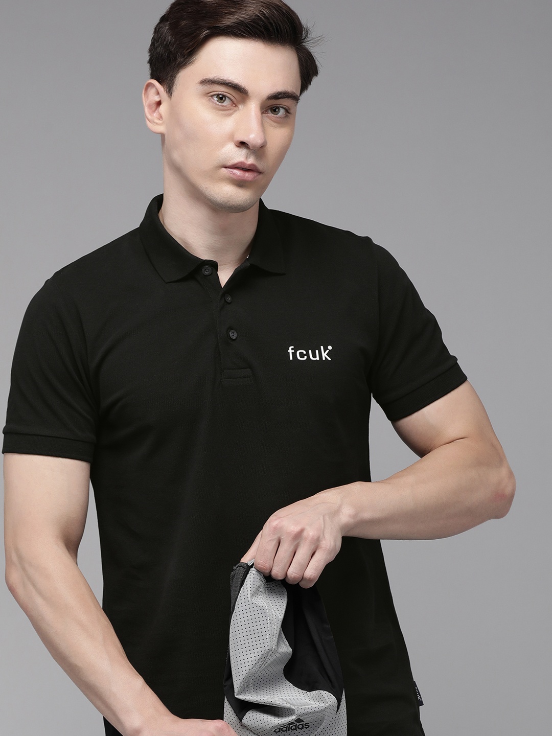 

French Connection Men Black Brand Logo Printed Polo Collar Pure Cotton Slim Fit T-shirt