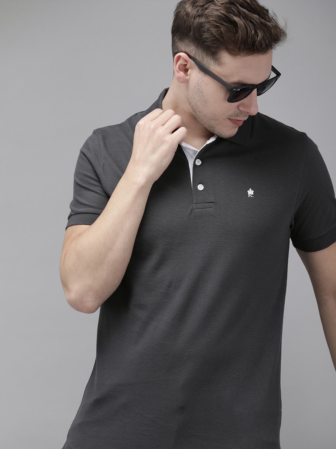 

French Connection Men Grey Brand Logo Polo Collar Slim Fit T-shirt