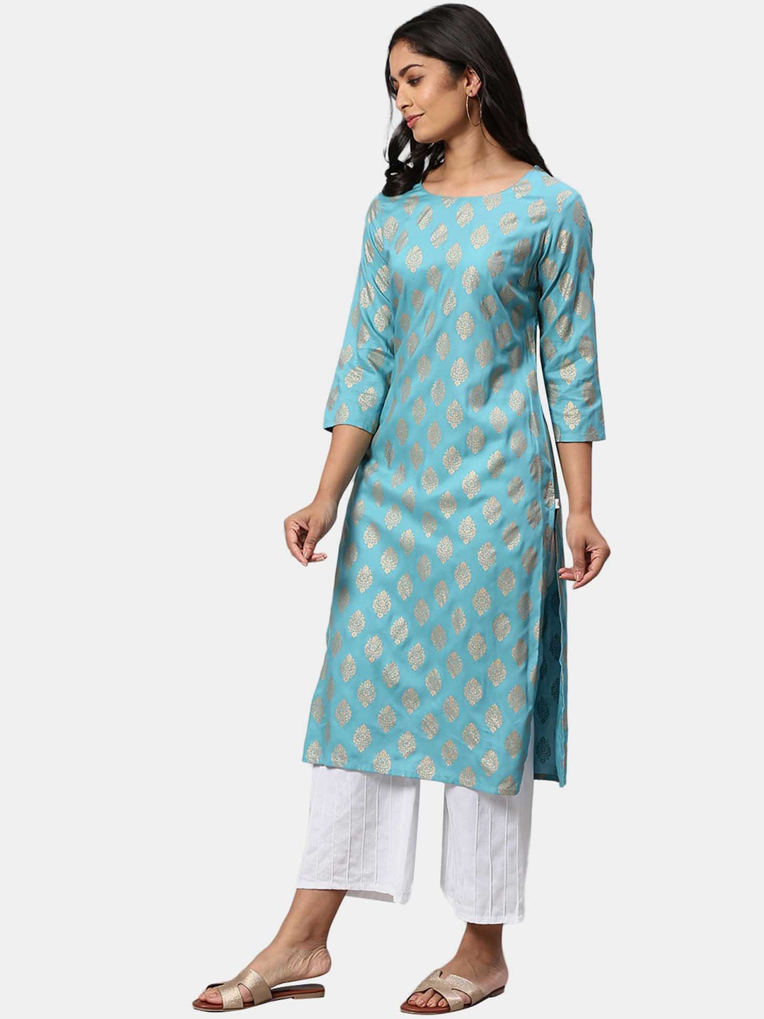 

Karigari Women Blue Floral Printed Kurta