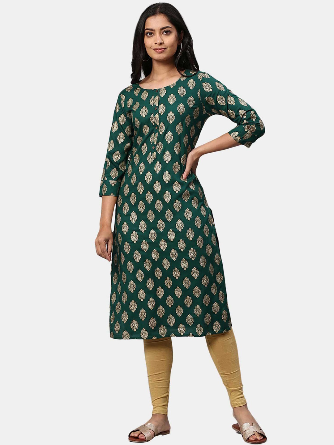 

Karigari Women Green Floral Striped Kurta