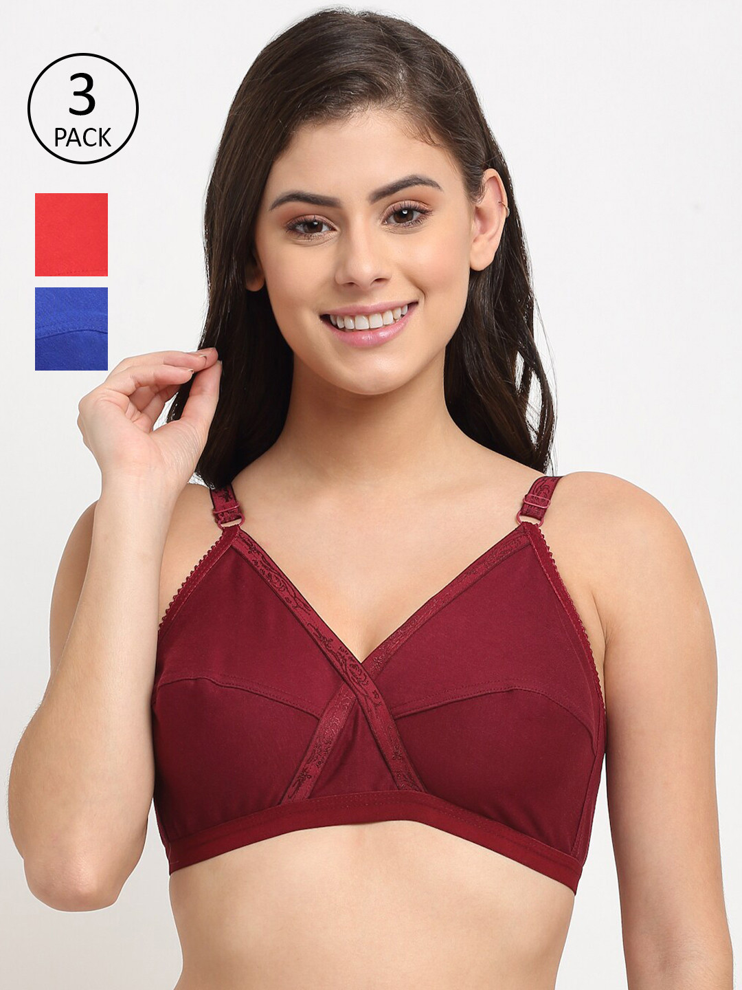 

Friskers Pack of 3 Red & Maroon Non padded Premium Cotton Bra