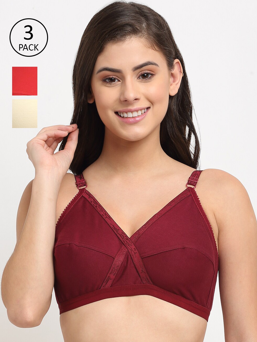 

Friskers Red & Maroon Pack Of 3 Cotton Bra