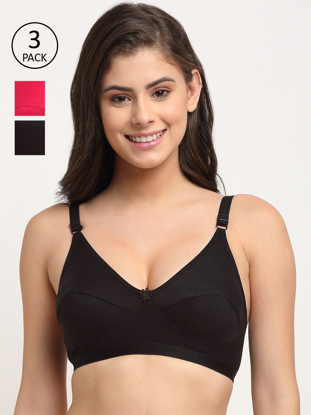 

Friskers Black & Pink Pack Of 3 Cotton Bra