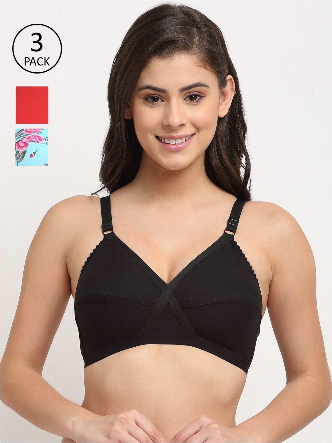 

Friskers Pack of 3 Non padded Cotton Bra, Black