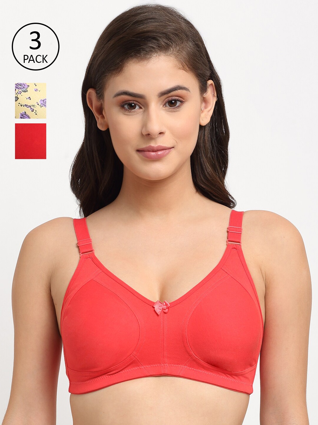 

Friskers Woman Pack of 3 Yellow & Red Floral Bra Lightly Padded