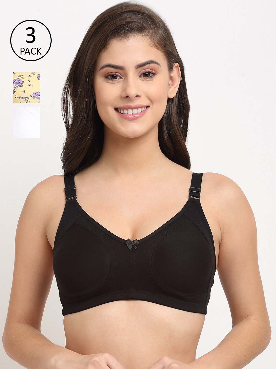

Friskers Pack of 3 Yellow & Black Lightly Padded Cotton Floral Bra