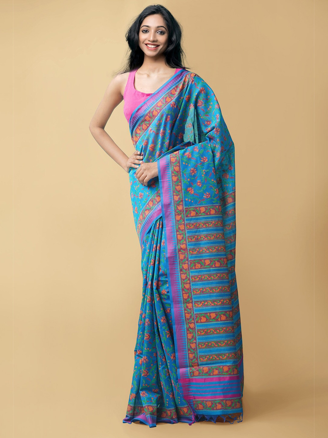 

Unnati Silks Blue & Orange Floral Silk Cotton Chanderi Saree