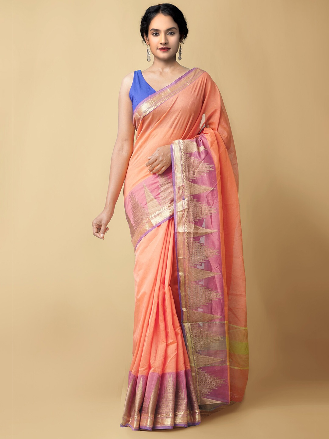 

Unnati Silks Orange & Purple Woven Design Zari Silk Cotton Bhagalpuri Saree