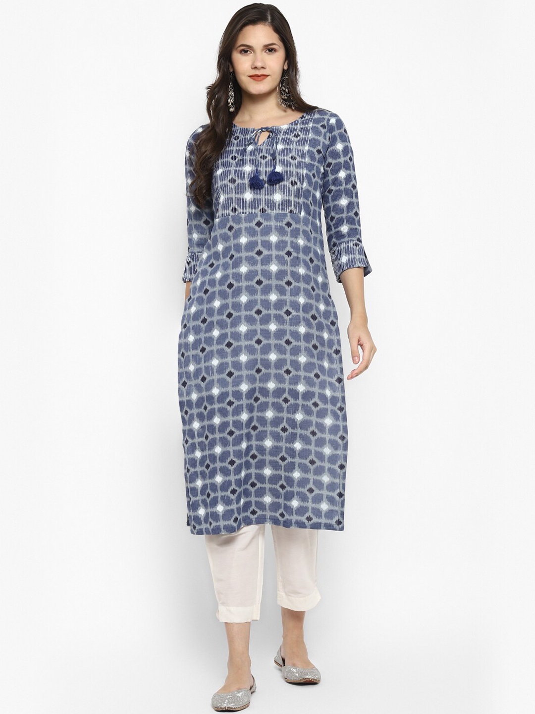 

VAABA Women Blue & White Printed Kurta