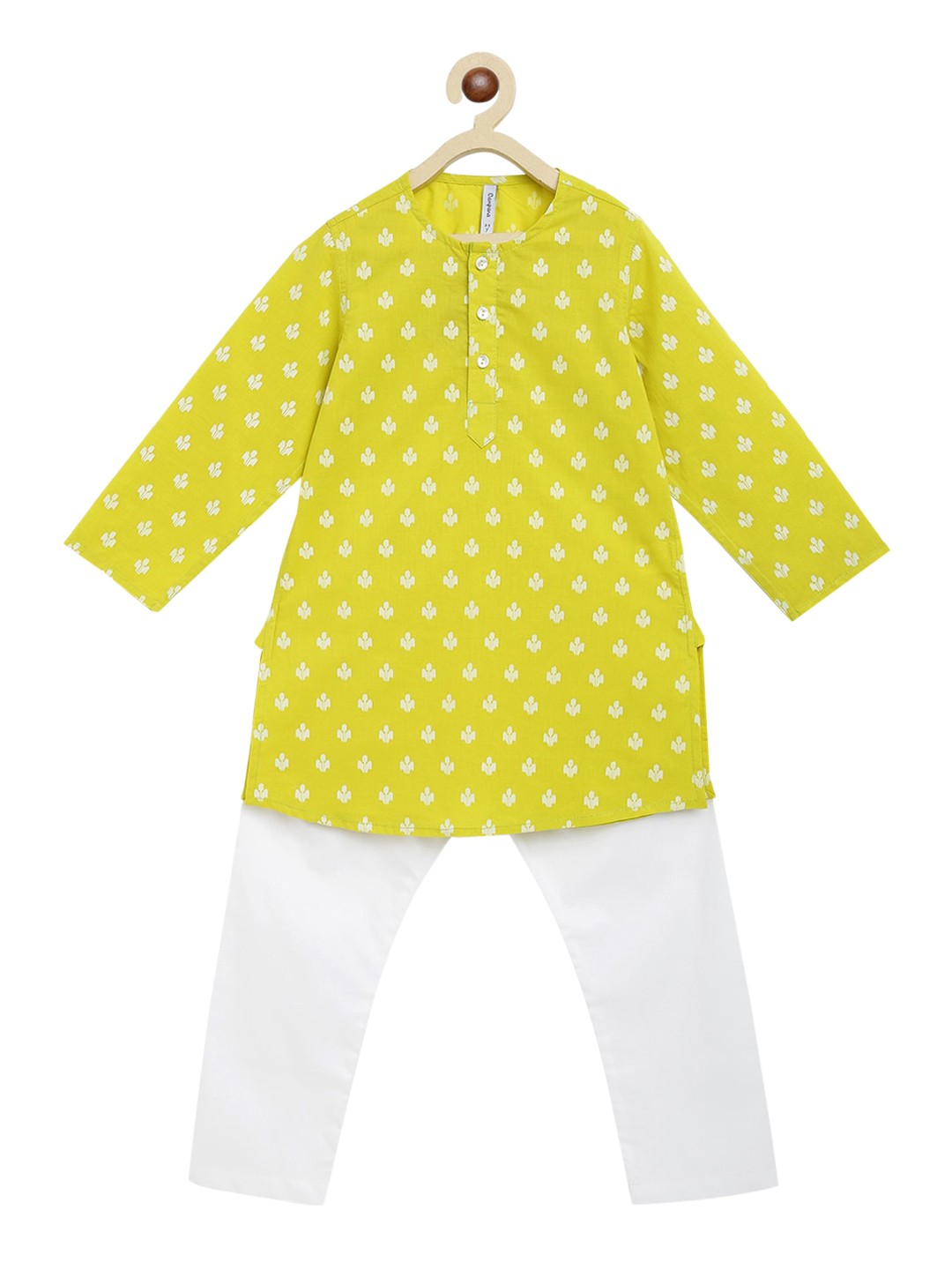 

Campana Boys Lime Green & White Floral Printed Pure Cotton Kurta With Pyjamas