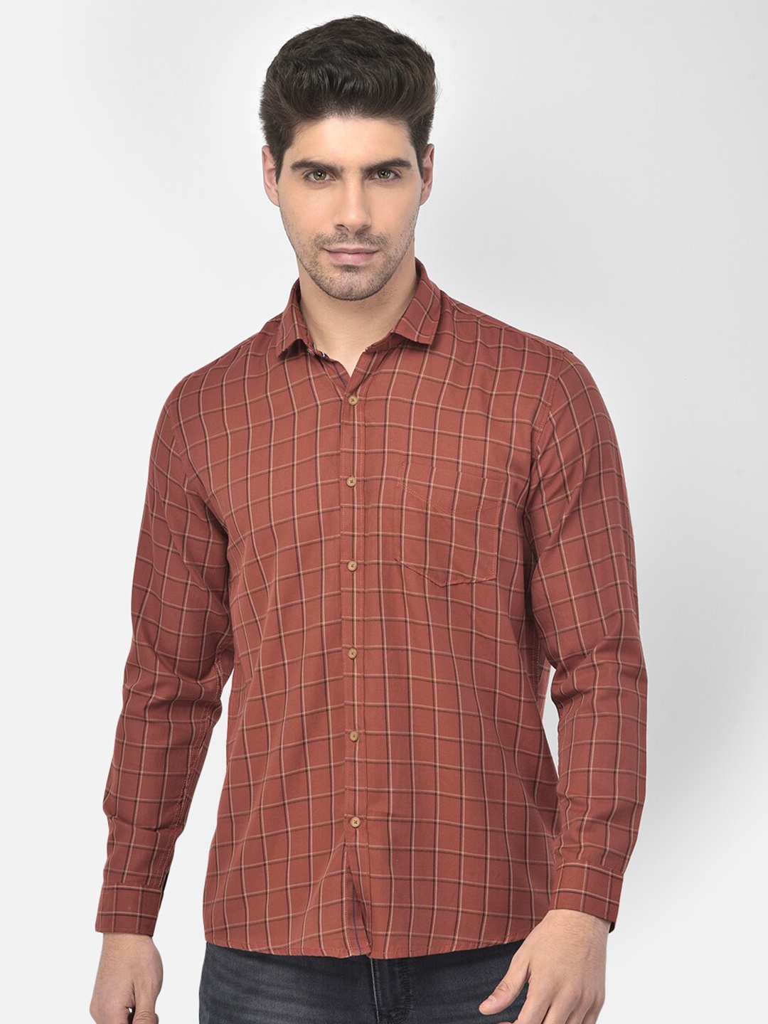 

Richlook Men Rust Slim Fit Opaque Checked Casual Shirt