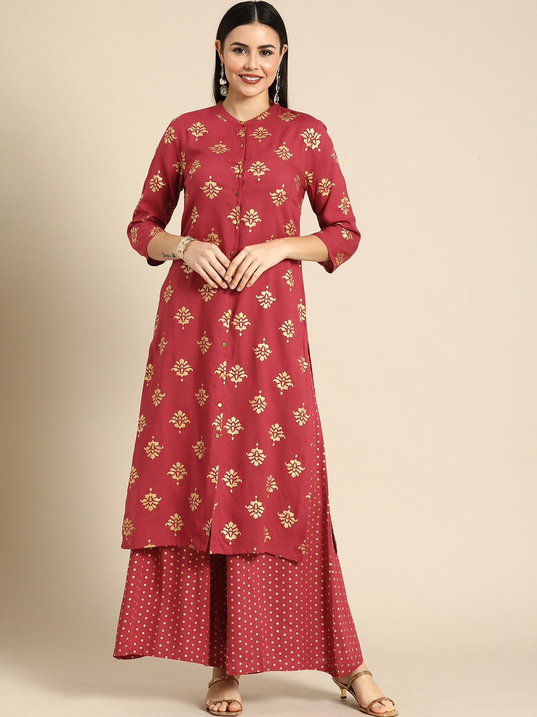 

all about you Women Red Ethnic Motifs Printed Kurta with Palazzos