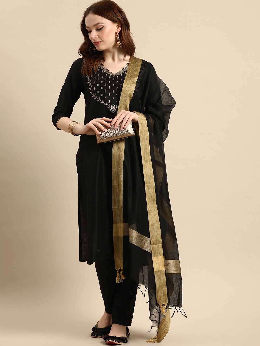 

all about you Women Black Ethnic Motifs Embroidered Sequinned Kurta with Trousers & With Dupatta