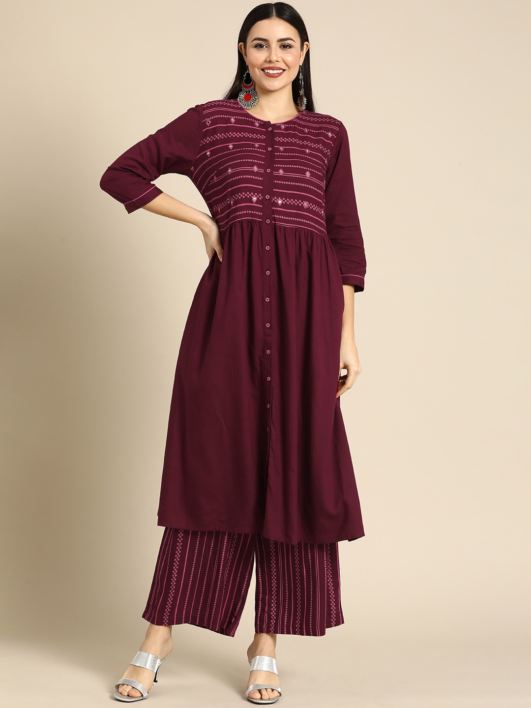 

all about you Women Burgundy Ethnic Motifs Printed Mirror Work Kurta with Palazzos