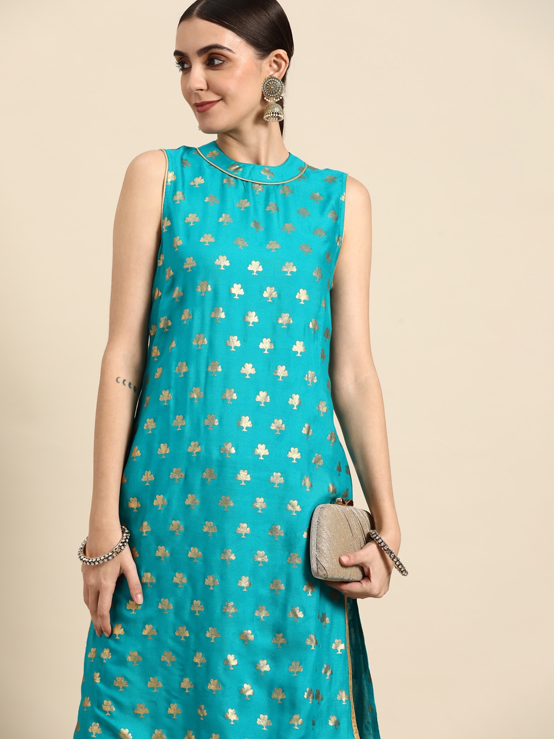 

all about you Women Turquoise Blue & Golden Ethnic Printed Kurta with Trousers