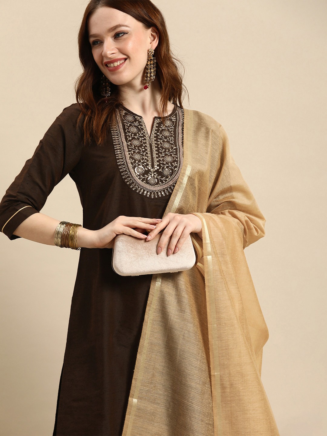 

all about you Women Brown Embroidered Sequinned Kurta with Trousers & With Dupatta