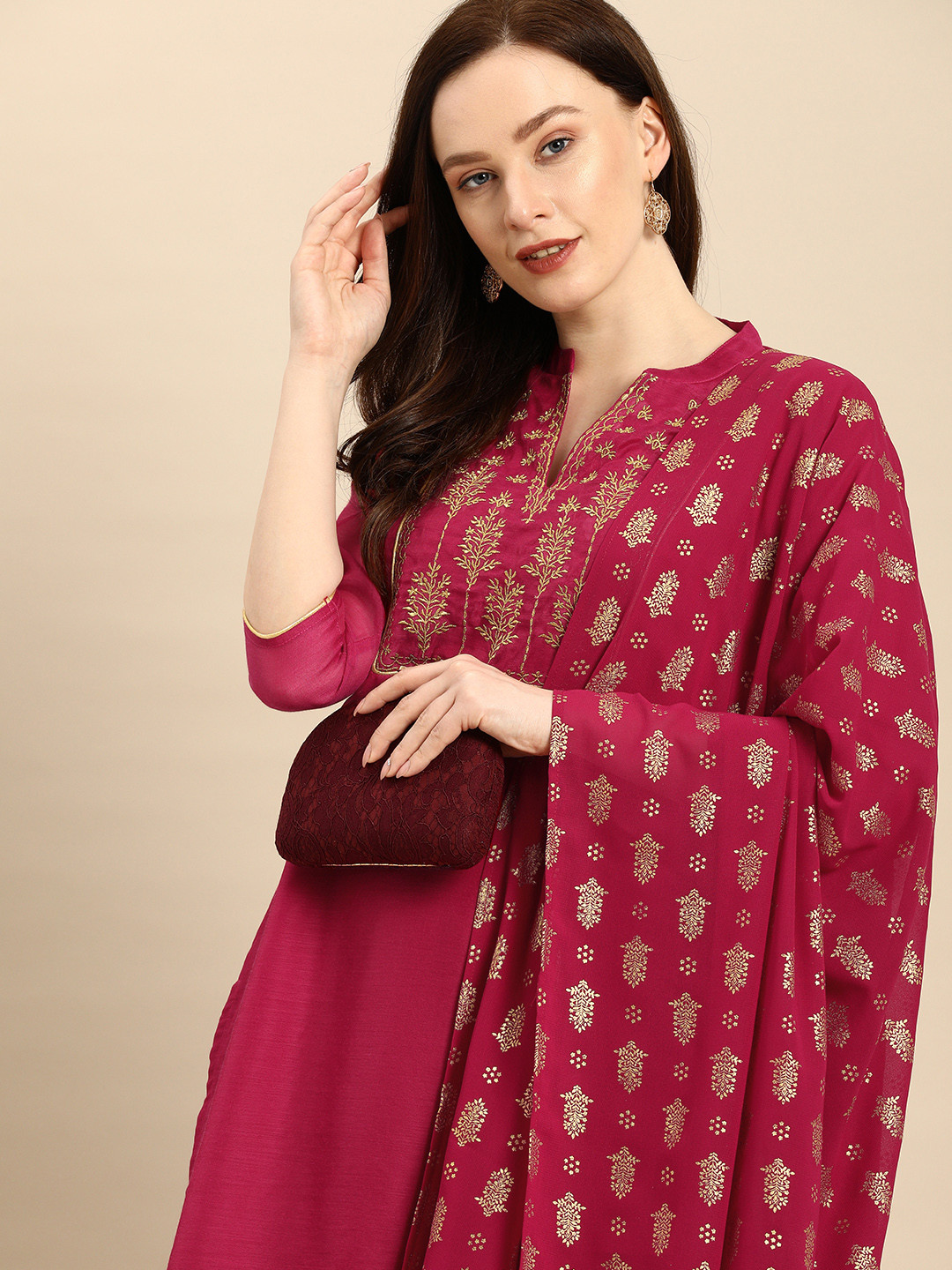 

all about you Women Magenta Pink & Gold Floral Embroidered Kurta with Trousers & Dupatta