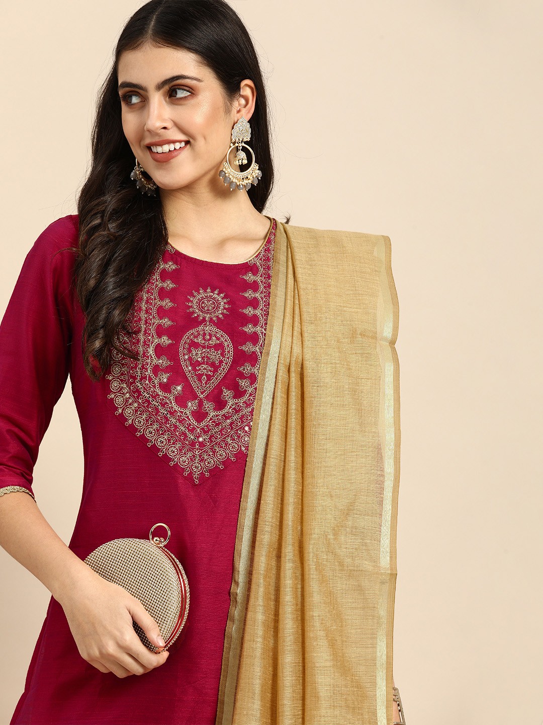 

all about you Women Pink Sequinned Kurta with Trousers & With Dupatta