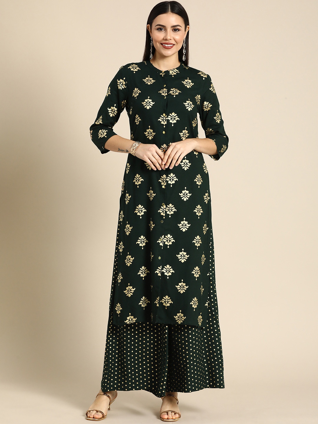 

all about you Women Green & Gold-toned Ethnic Motifs Printed Kurta with Palazzos