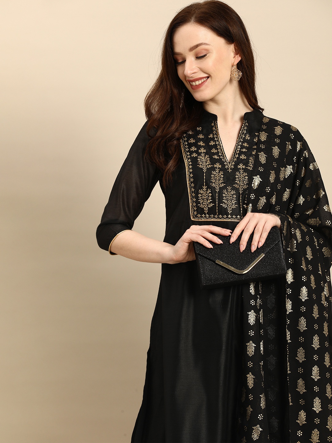 

all about you Women Black & Gold Floral Embroidered Kurta with Trousers & Dupatta