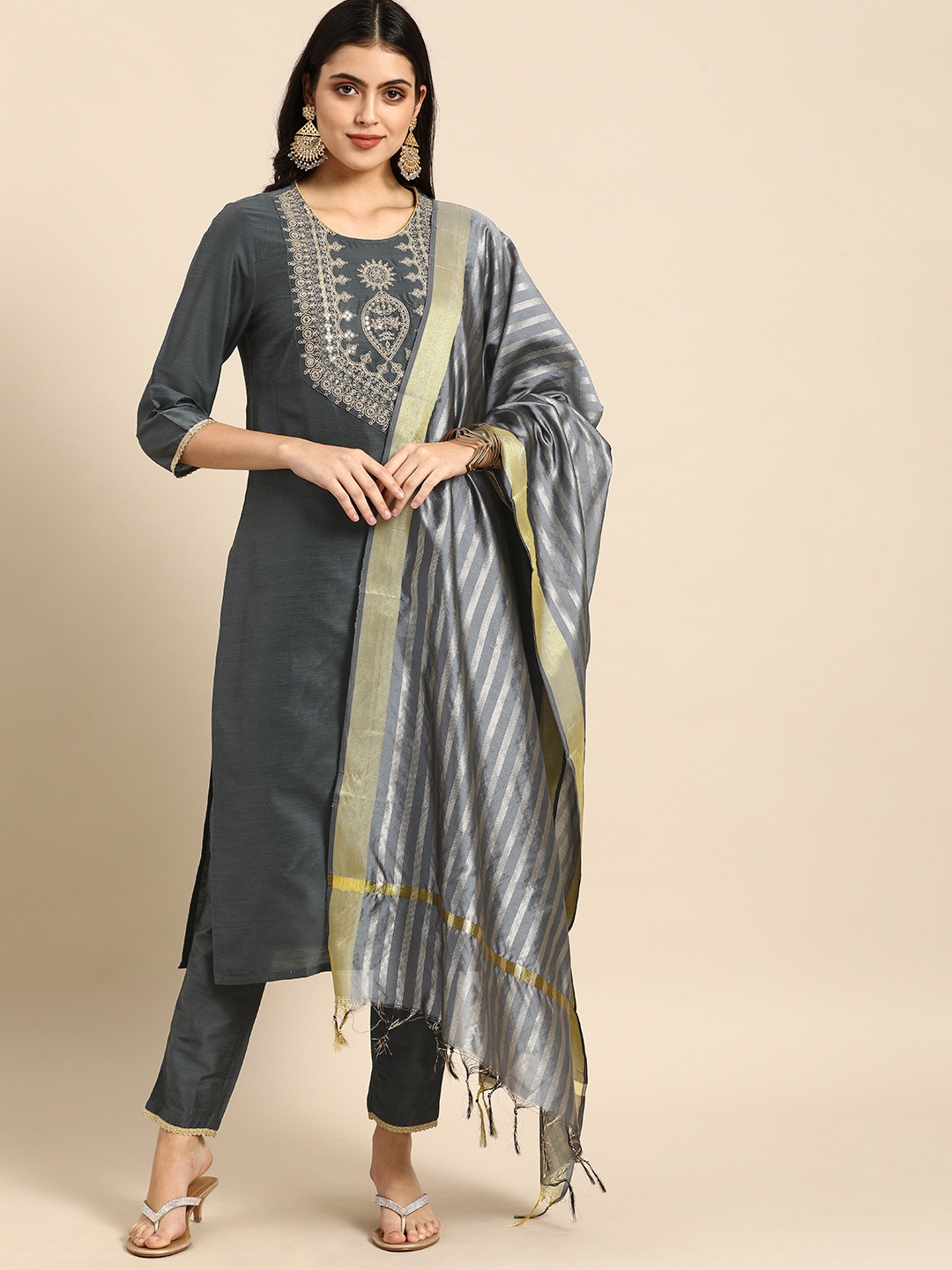 

all about you Women Grey Sequinned Kurta with Trousers & With Dupatta