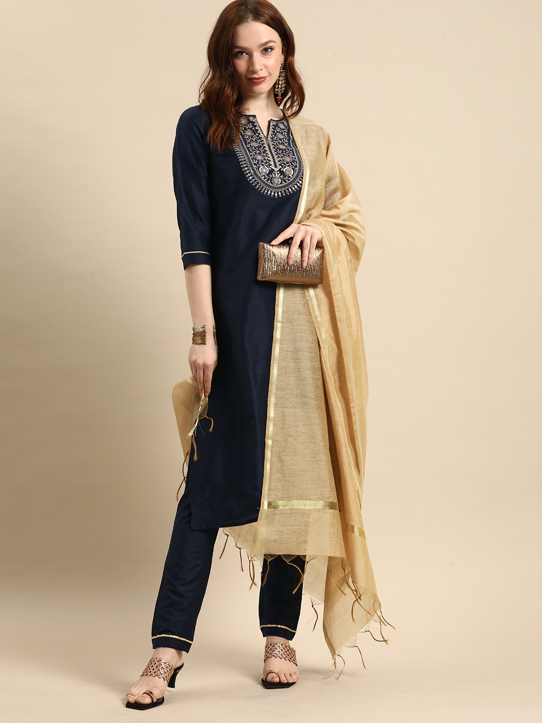

all about you Women Navy Blue Embroidered Sequinned Kurta with Trousers & With Dupatta