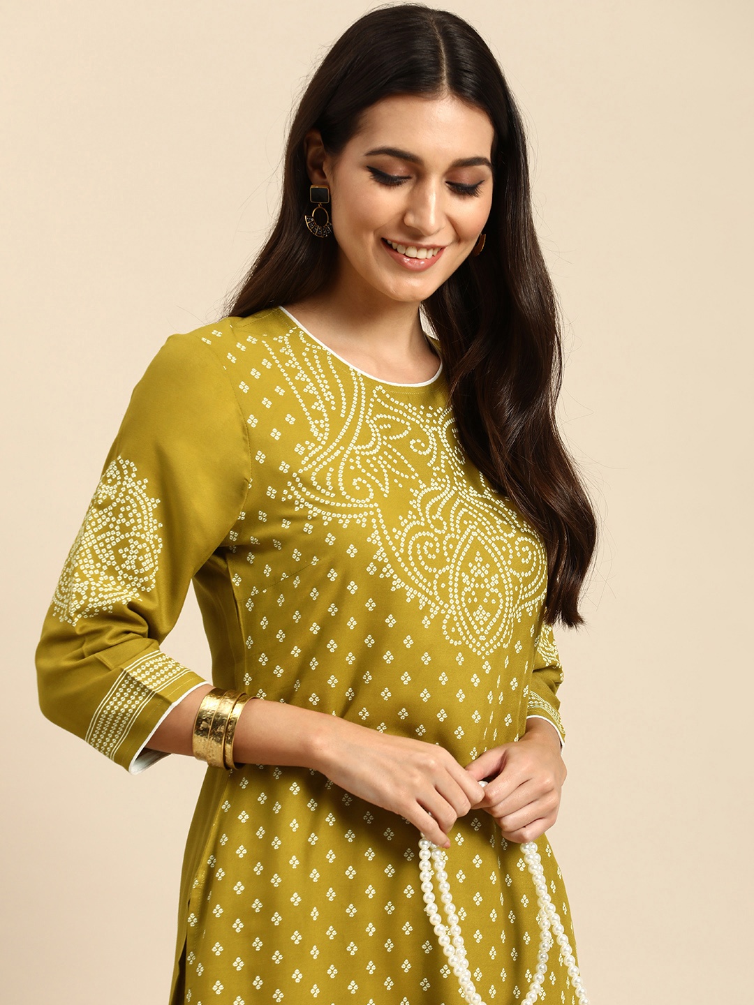 

all about you Women Olive Green Bandhani Printed Kurta with Trousers