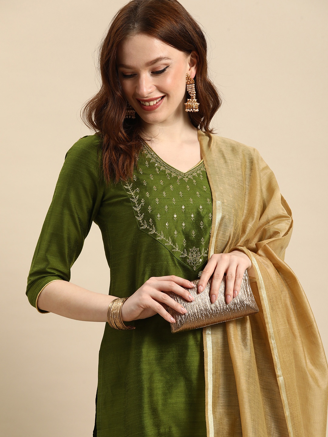 

all about you Women Green Ethnic Motifs Embroidered Sequinned Kurta with Trousers & With Dupatta
