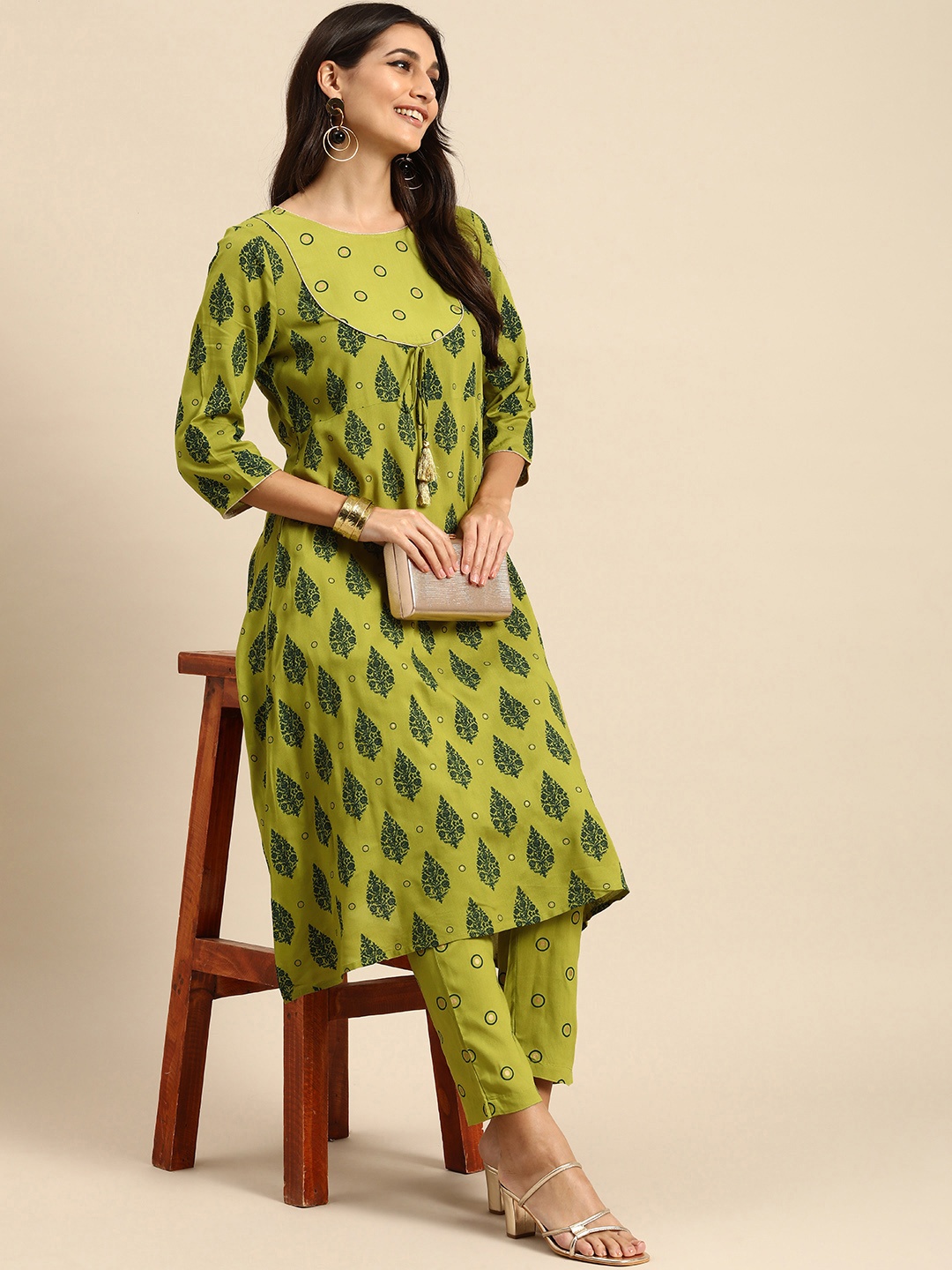 

all about you Women Olive Green Ethnic Motifs Printed Empire Kurta with Trousers