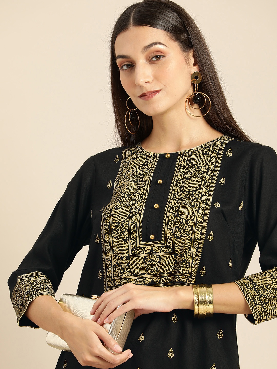 all about you Women Black & Mustard Yellow Printed Kurta with Trousers
