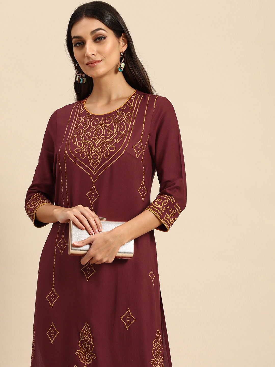 

all about you Women Maroon Bandhani Printed Kurta with Trousers