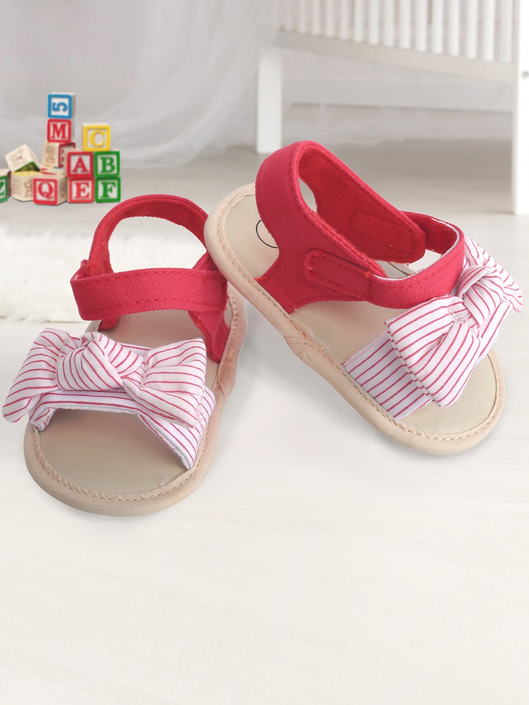 

Baby Moo Girls Red & Pink Striped Booties