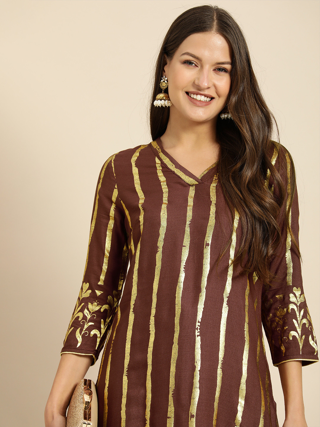 

all about you Women Brown & Gold-Toned Striped Festive Kurta
