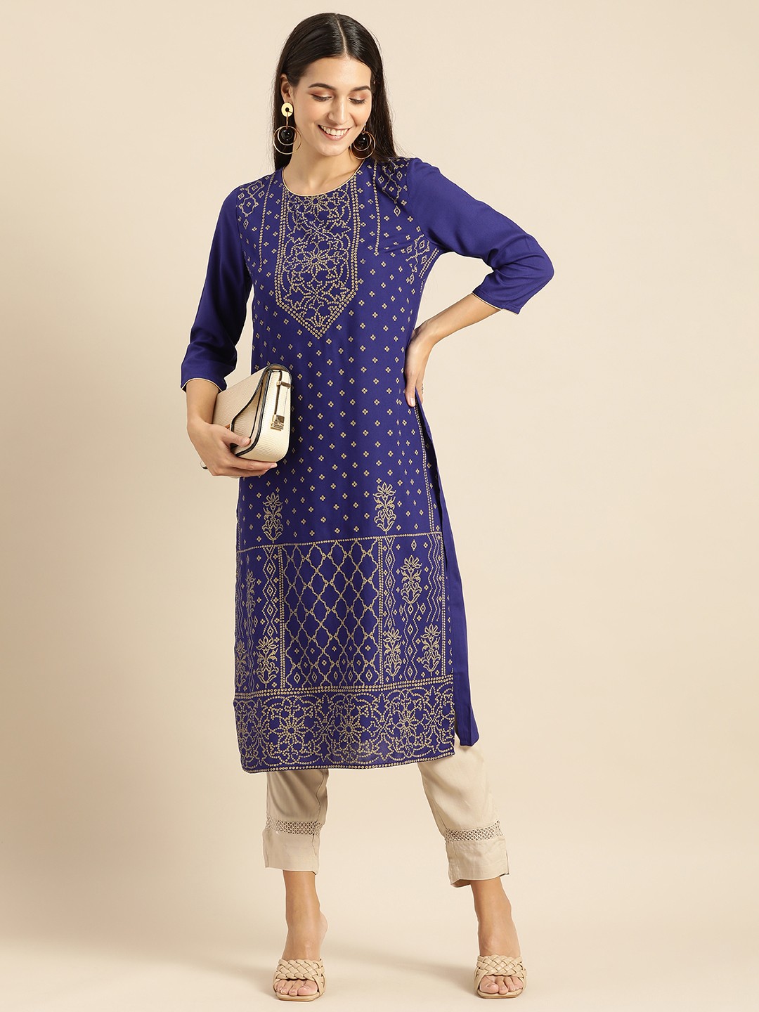 

all about you Women Blue & Beige Ethnic Motifs Printed Kurta