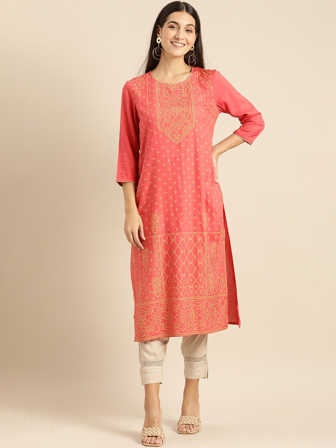 

all about you Women Pink & Beige Ethnic Motifs Printed Kurta