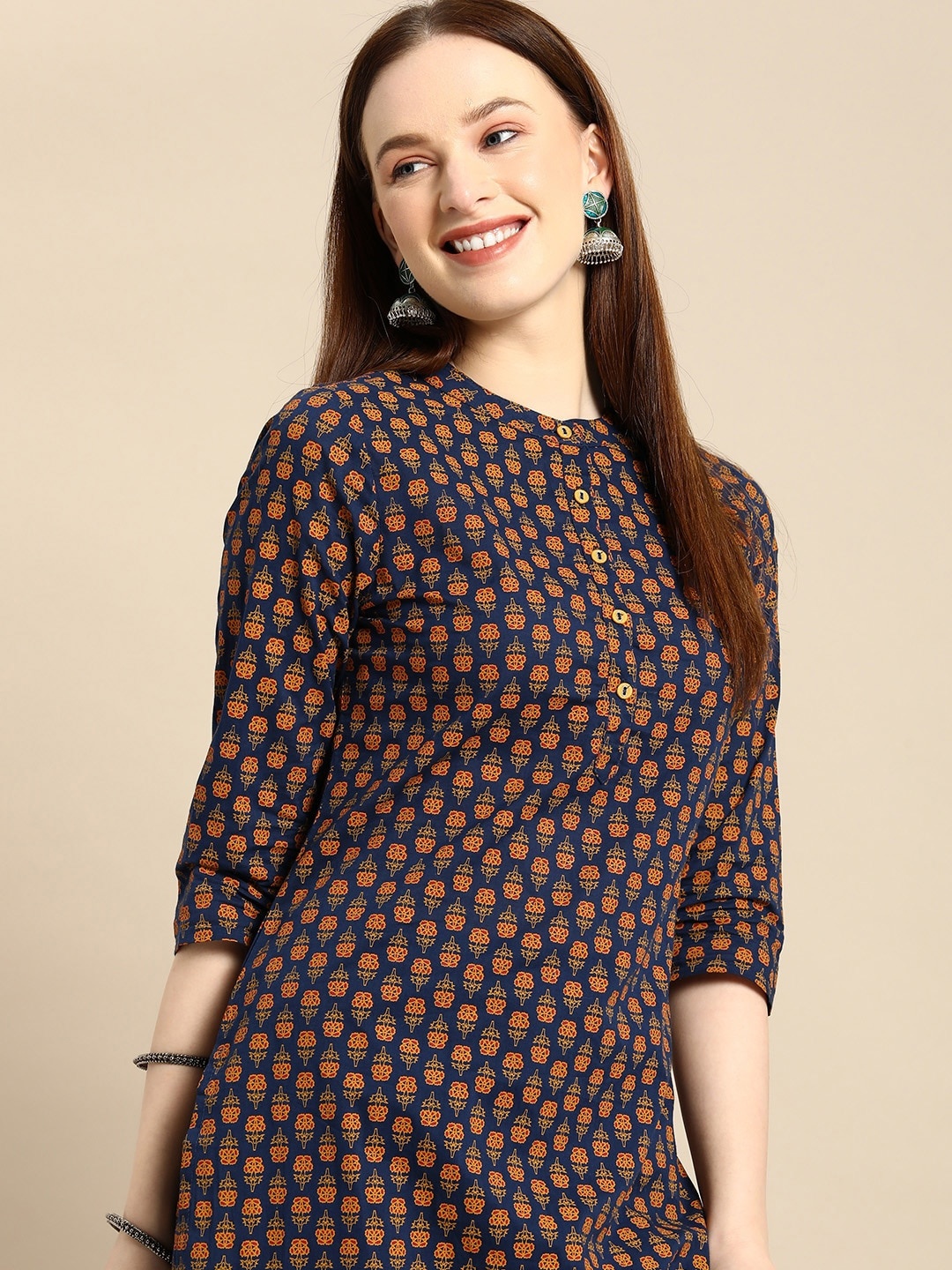 

all about you Women Navy Blue & Gold-Toned Ethnic Motifs Printed Regular Kurta
