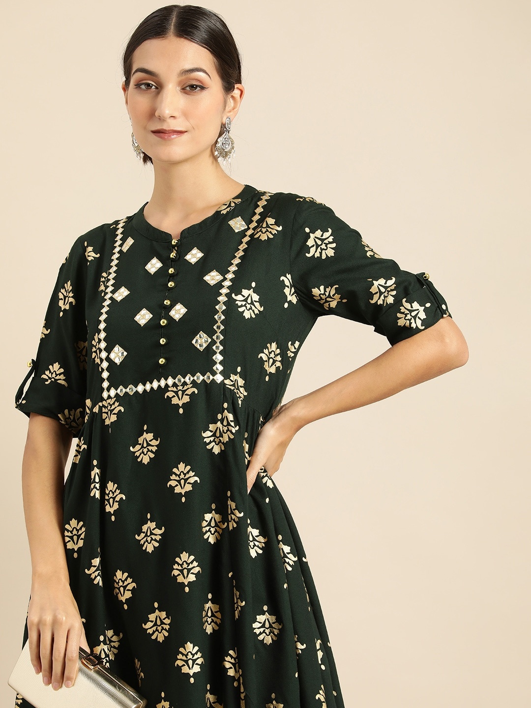 

all about you Women Teal Green & Gold-Toned Ethnic Motifs Printed Mirror Work Kurta