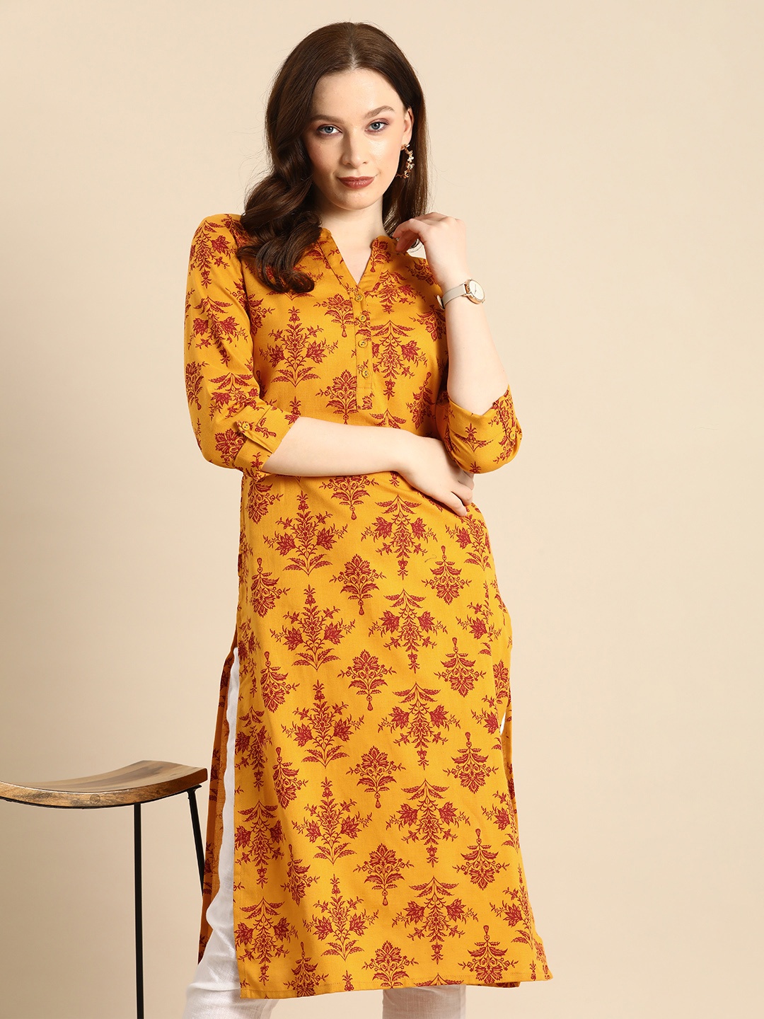 

all about you Women Mustard Yellow & Red Ethnic Motifs Printed Kurta