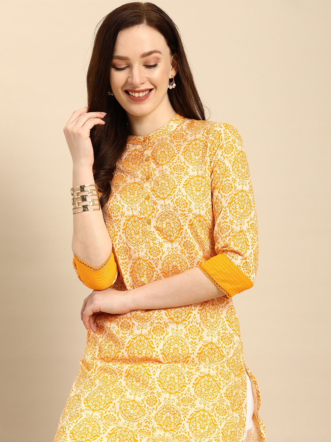 

all about you Women Gold-Toned & White Printed Kurta