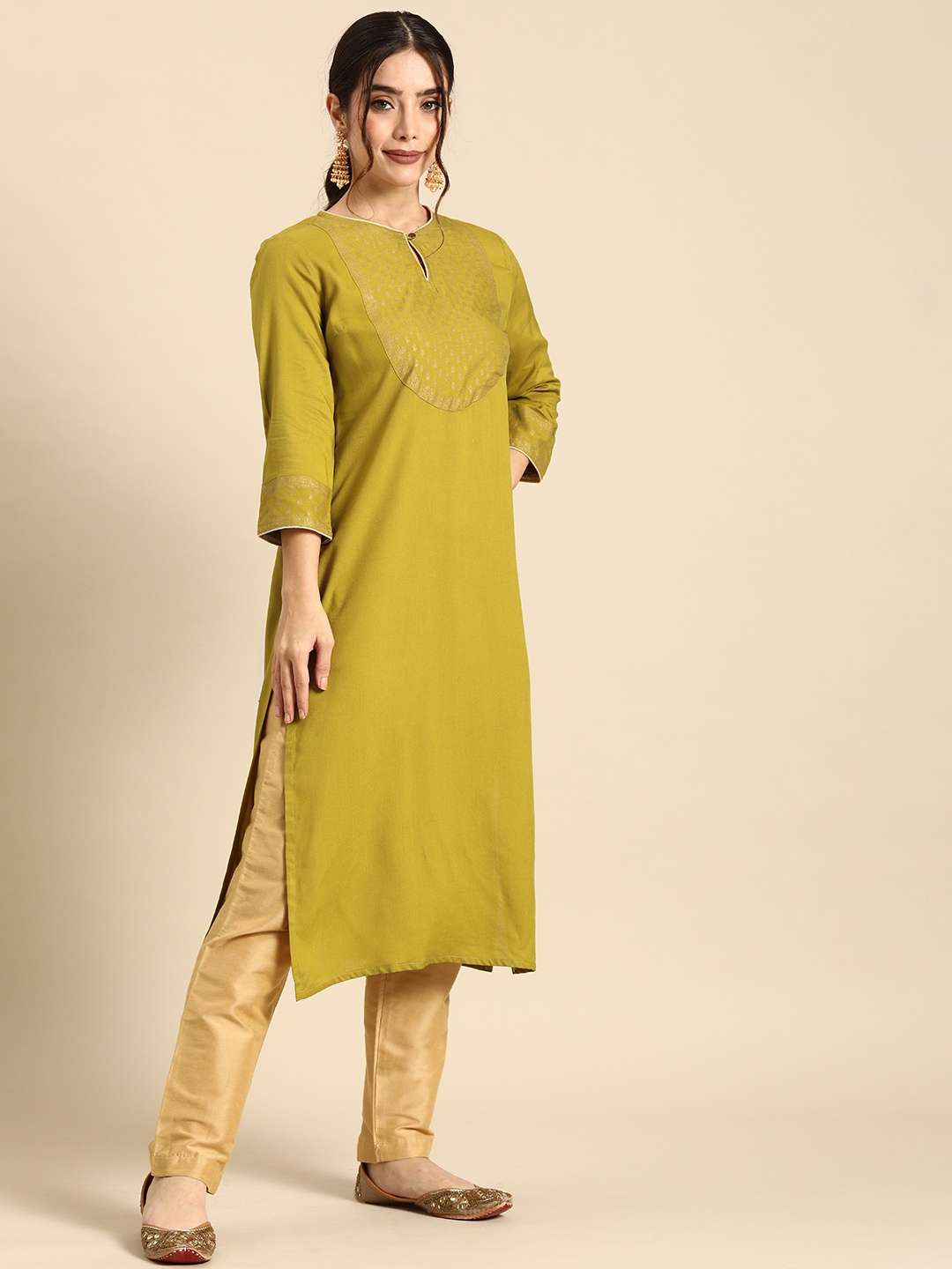 

all about you Women Olive Green & Gold-Toned Printed Yoke Design A-Line Kurta