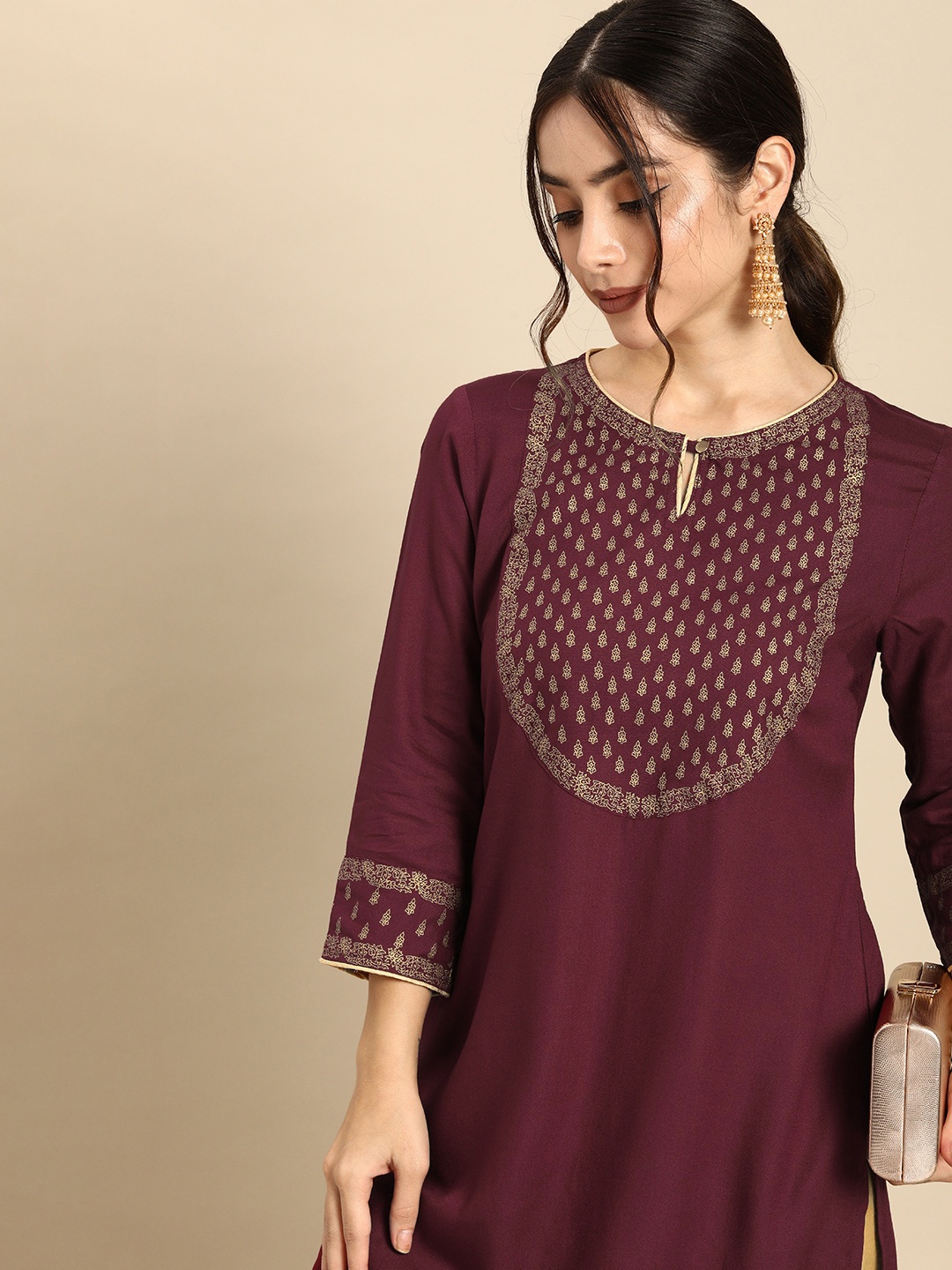 

all about you Women Maroon & Gold-Toned Printed Yoke Design A-Line Kurta