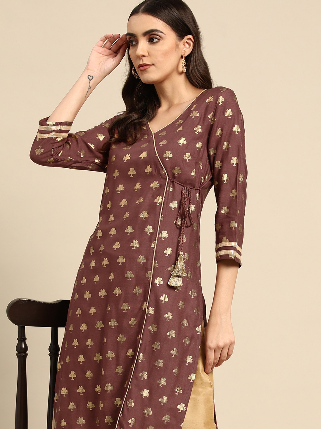 

all about you Women Brown & Golden Ethnic Motifs Printed Gotta Patti Kurta