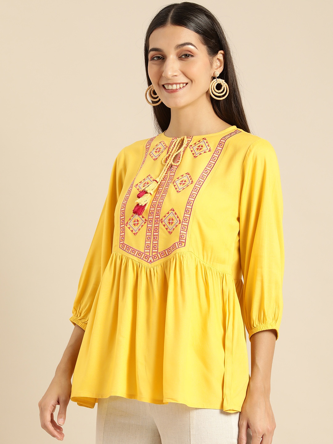 

all about you Yellow & Pink Ethnic Motifs Embroidered Kurti