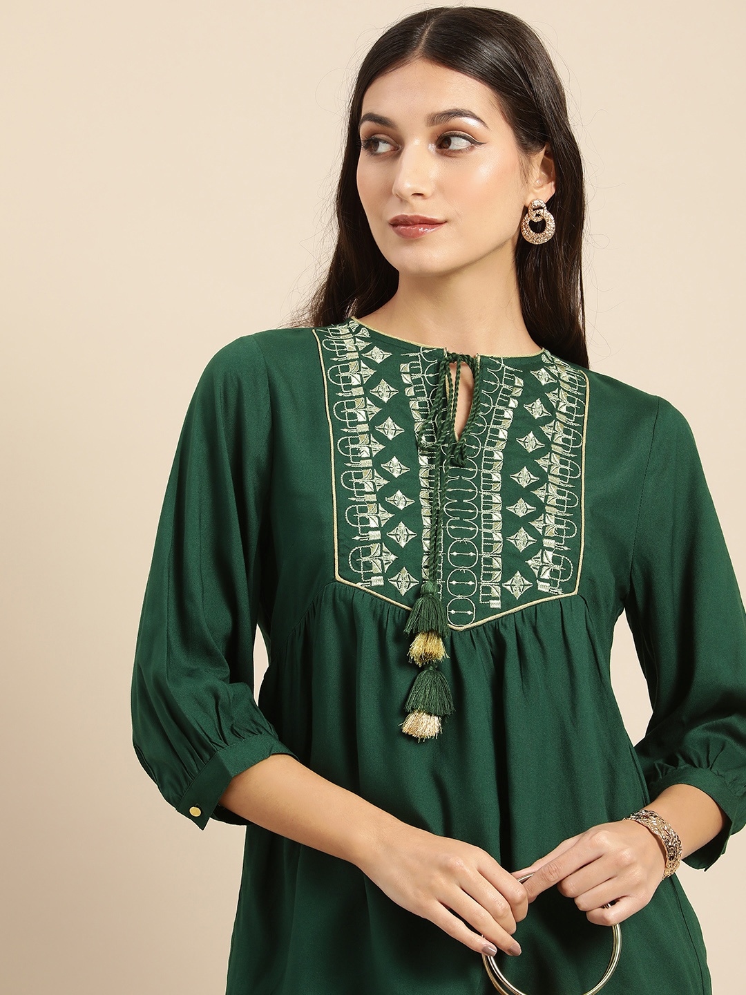 

all about you Ethnic Motifs Yoke Design Tie-Up Neck Thread Work A-Line Kurti, Green