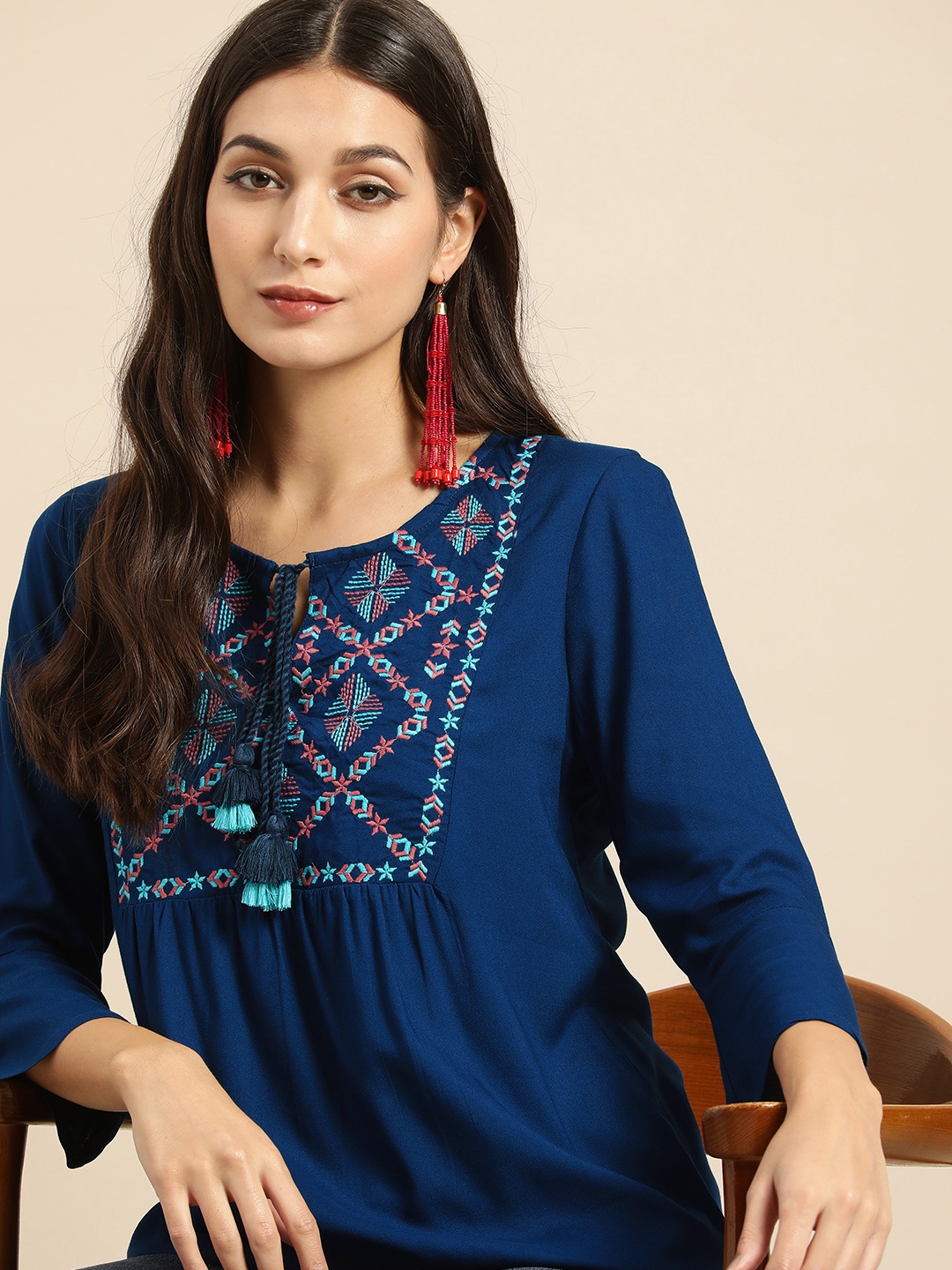 

all about you Ethnic Motifs Yoke Design Tie-Up Neck Bell Sleeves Thread Work A-Line Kurti, Blue