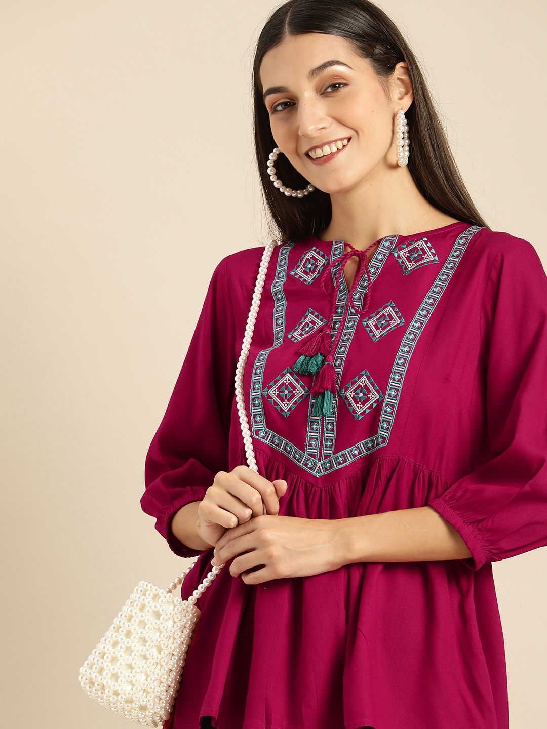 

all about you Magenta Pink & Blue Ethnic Motifs Embroidered Top