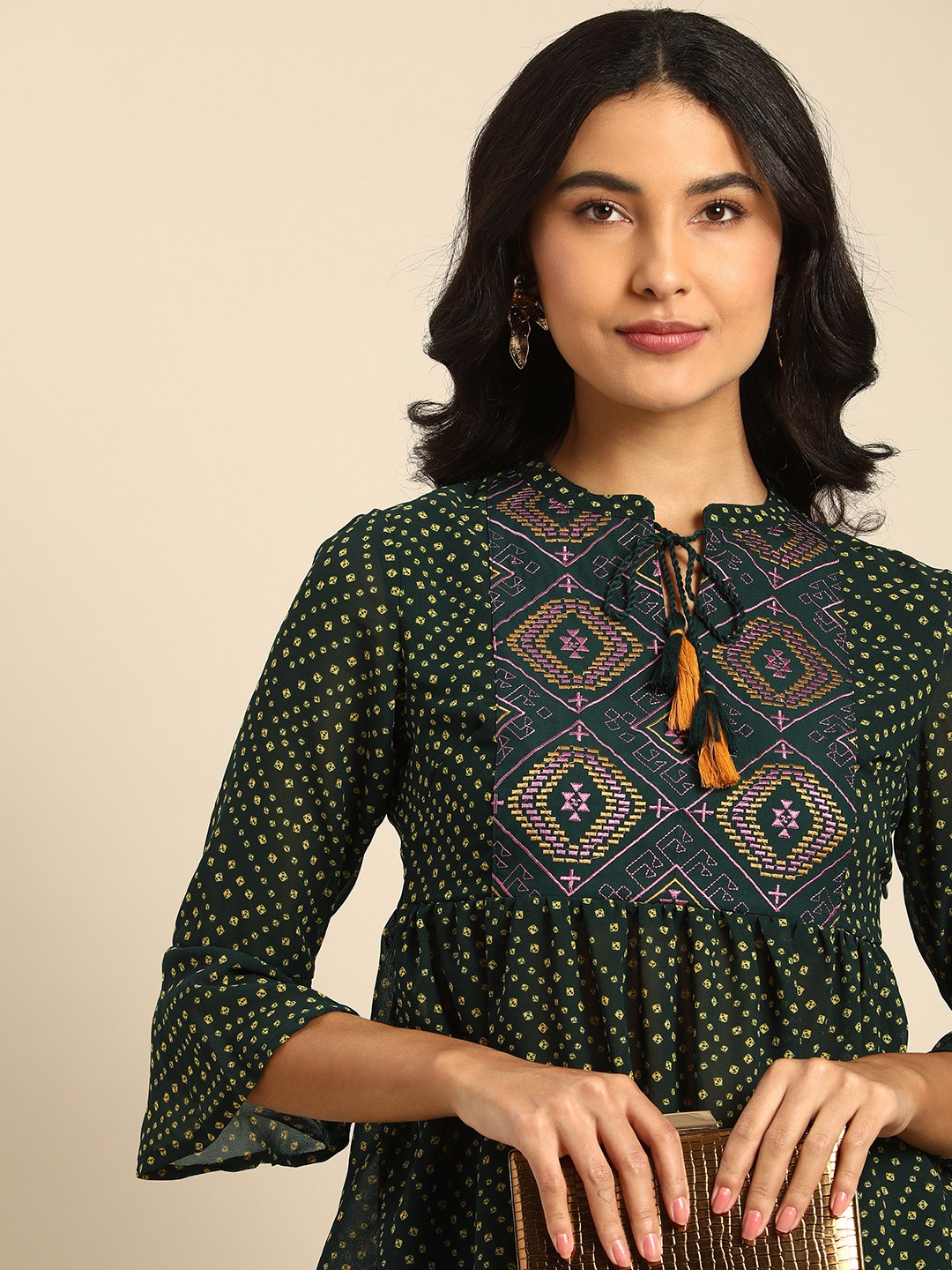 

all about you Green Geometric Printed Thread Work Embroidered Empire Top