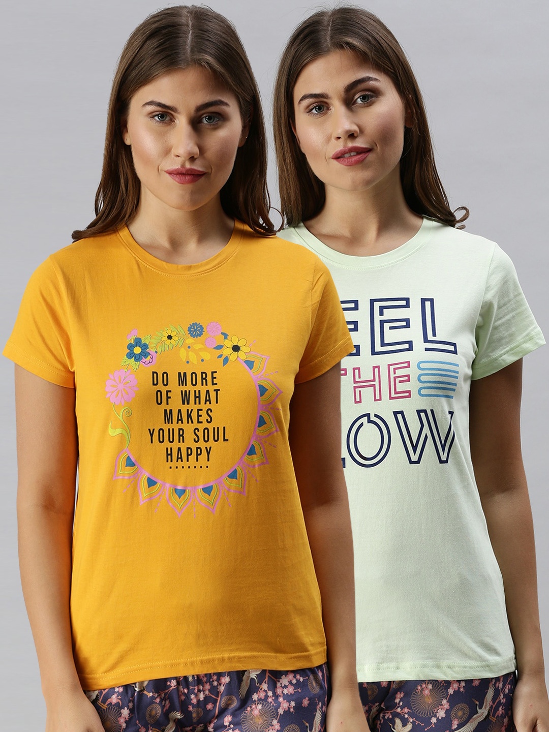 

Kryptic Women Pack Of 2 Printed Pure Cotton Lounge T-shirt, Mustard