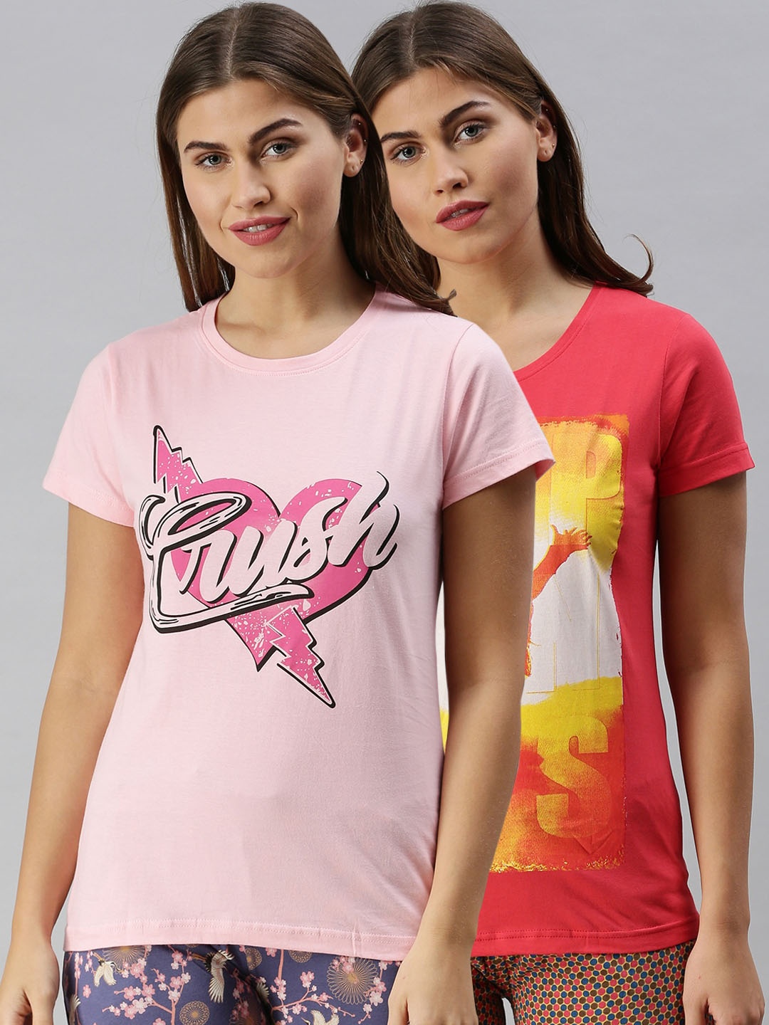 

Kryptic Women Pack Of 2 Printed Pure Cotton Lounge T-Shirts, Pink