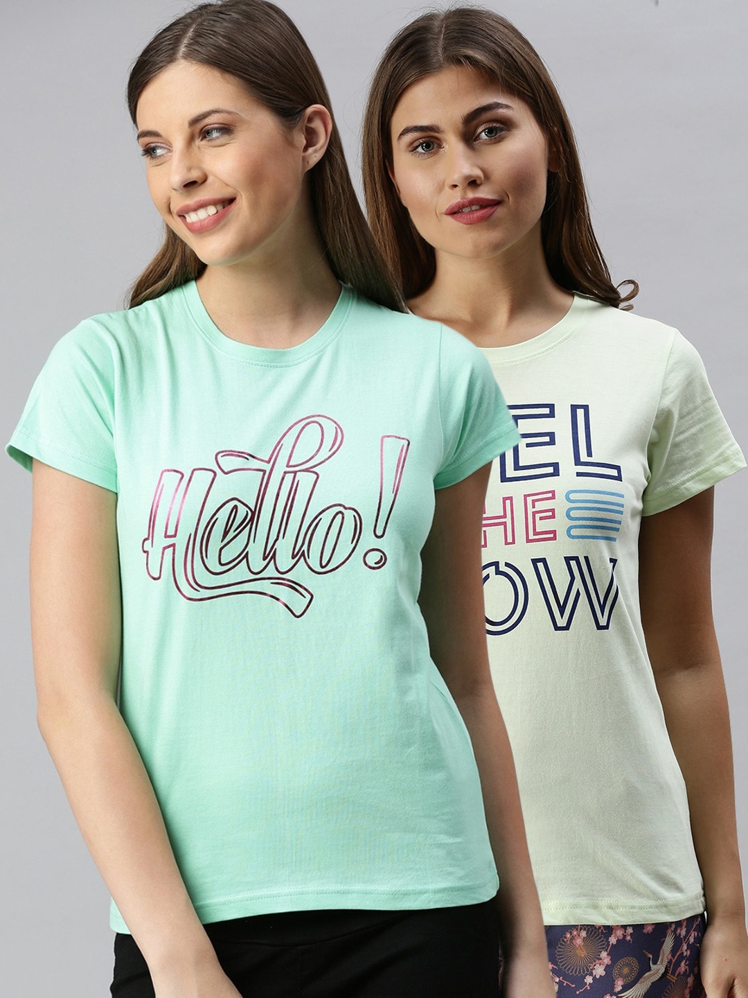 

Kryptic Women Pack Of 2 Printed Pure Cotton Lounge T Shirts, Green